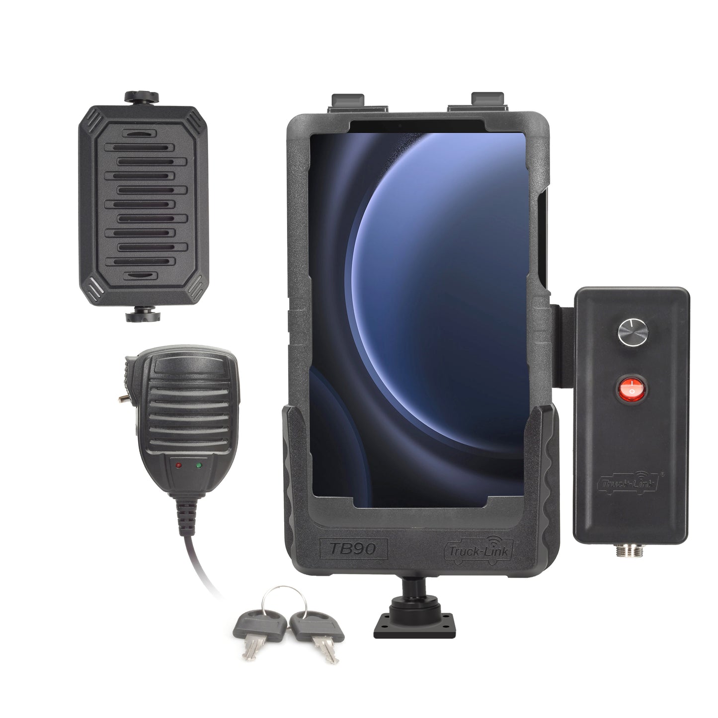 Truck-Link Tablet PTT Standard Locking Cradle Kit w/Case, 6" Metal Post, Wiring Harness, PTT Mic, Speaker, Amplifier w/Bracket