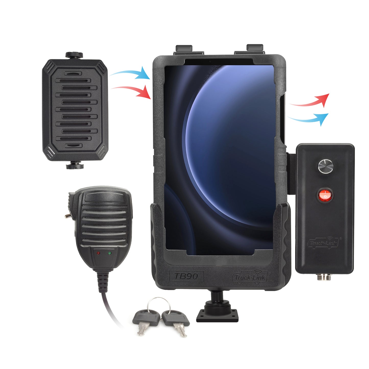 Truck-Link Tablet PTT Heating/Cooling Locking Cradle Kit w/Case, 6" Metal Post, Wiring Harness, PTT Mic, Speaker, Amplifier w/Bracket