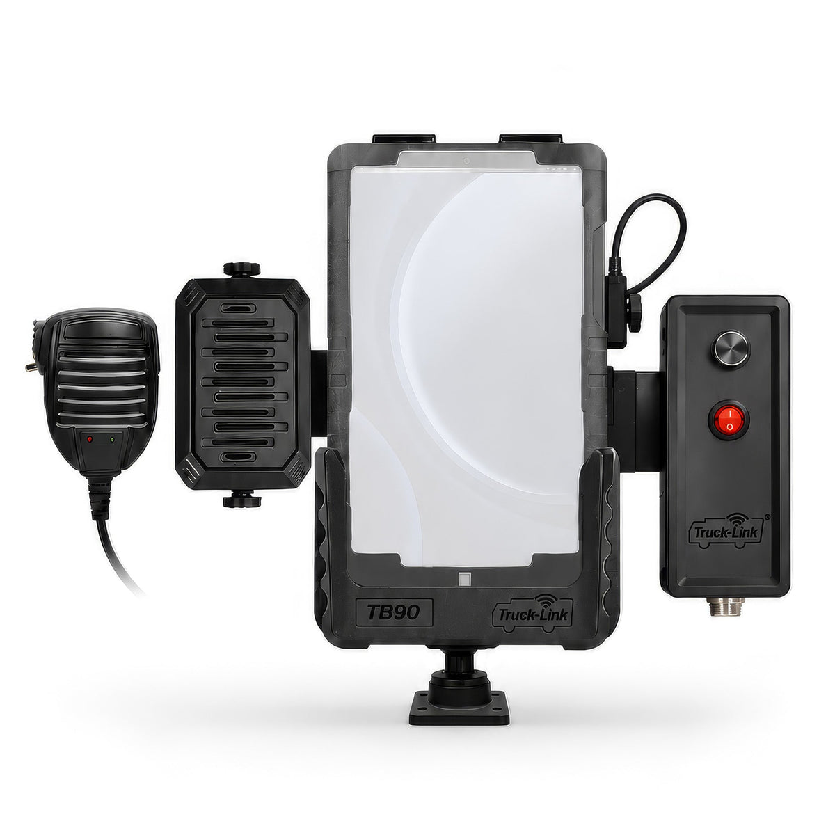 Representative Truck-Link tablet PTT bundle with tablet cradle, external speaker, amplifier, and push-to-talk microphone