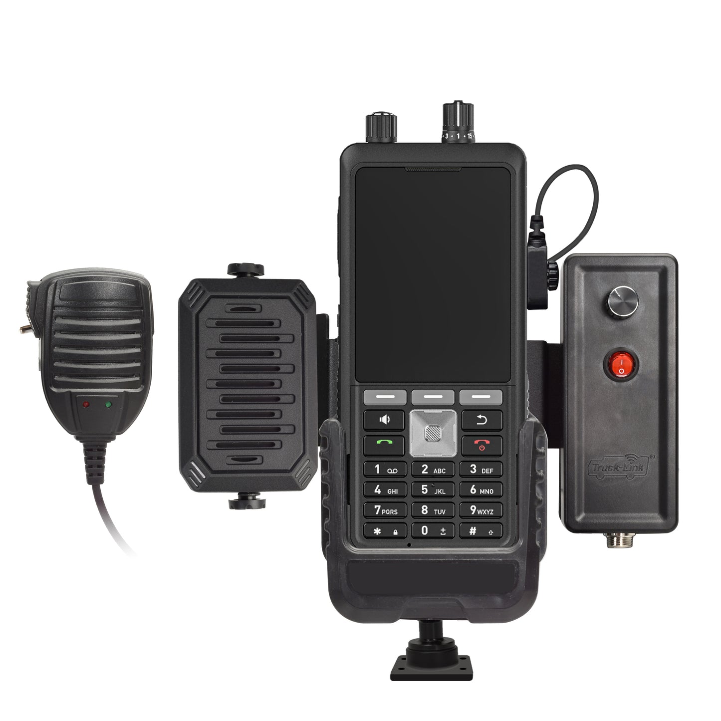 Truck-Link Phone PTT Cradle Kit, 6" Metal Post, Wiring Harness, PTT Mic, Speaker, Amplifier w/Speaker Bracket