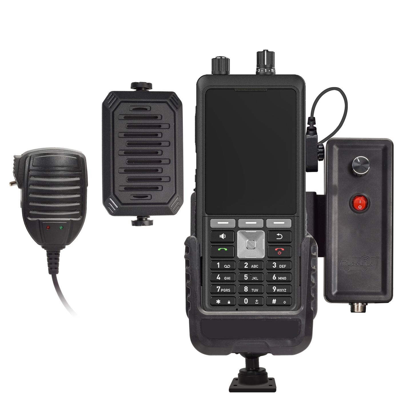 Truck-Link Phone PTT Cradle Kit, 6" Metal Post, Wiring Harness, PTT Mic, Speaker, Amplifier w/ Bracket