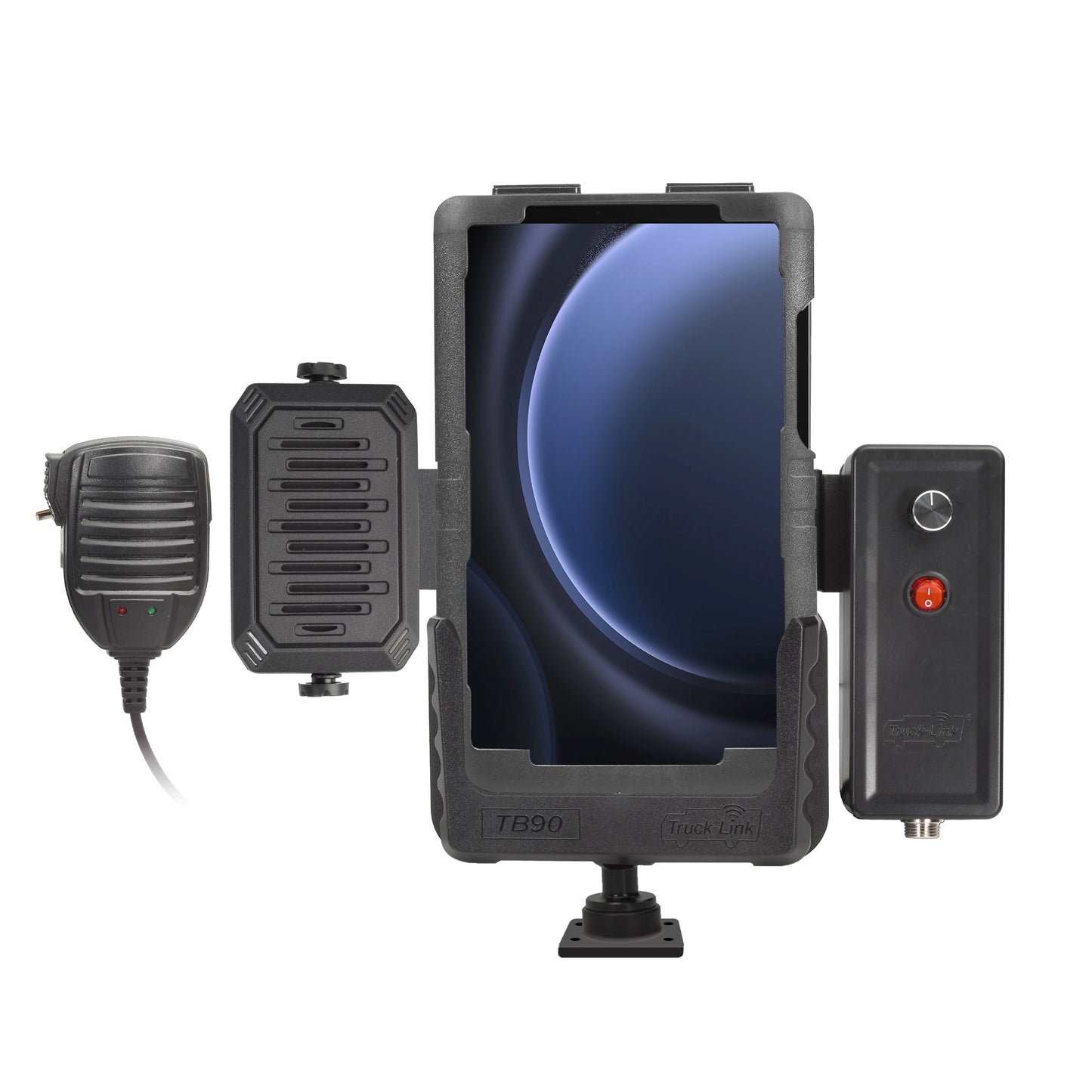 Truck-Link Tablet PTT Standard Cradle Kit w/Case, 6" Metal Post, PTT Microphone, Speaker, Amplifier, Speaker Bracket, Wiring, Hardware