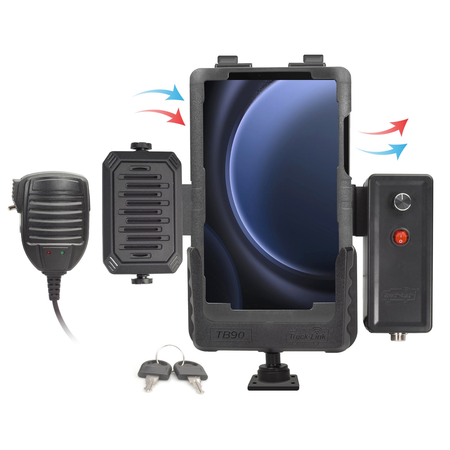 Truck-Link Tablet PTT Heating/Cooling Locking Cradle Kit w/Case, 6" Metal Post, Wiring Harness, PTT Mic, Speaker, Amplifier w/Speaker Bracket