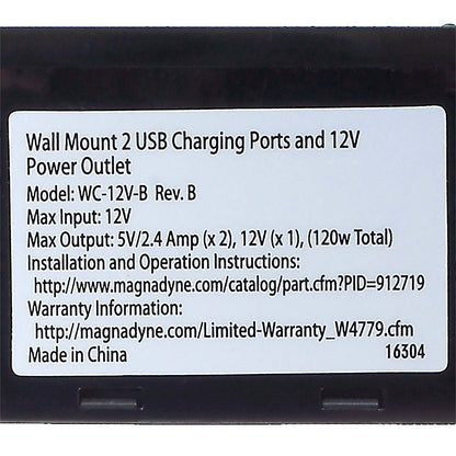 Magnadyne WCP - 12V - B | Wall Mount USB Charger | 2 Ports and 12V Power Outlet w/ Wall Plate - Magnadyne