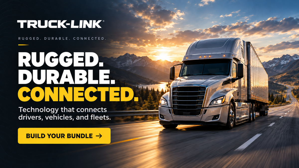 Truck-Link rugged durable connected hero banner with solid white Truck-Link logo, truck traveling on a sunset mountain highway, and Build Your Bundle call to action