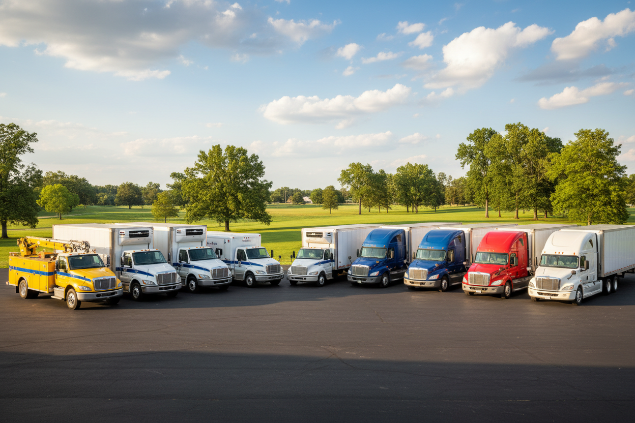 utility trucks, ambulance, box trucks, semi-trucks all around a nice setting parked during a sunny day.